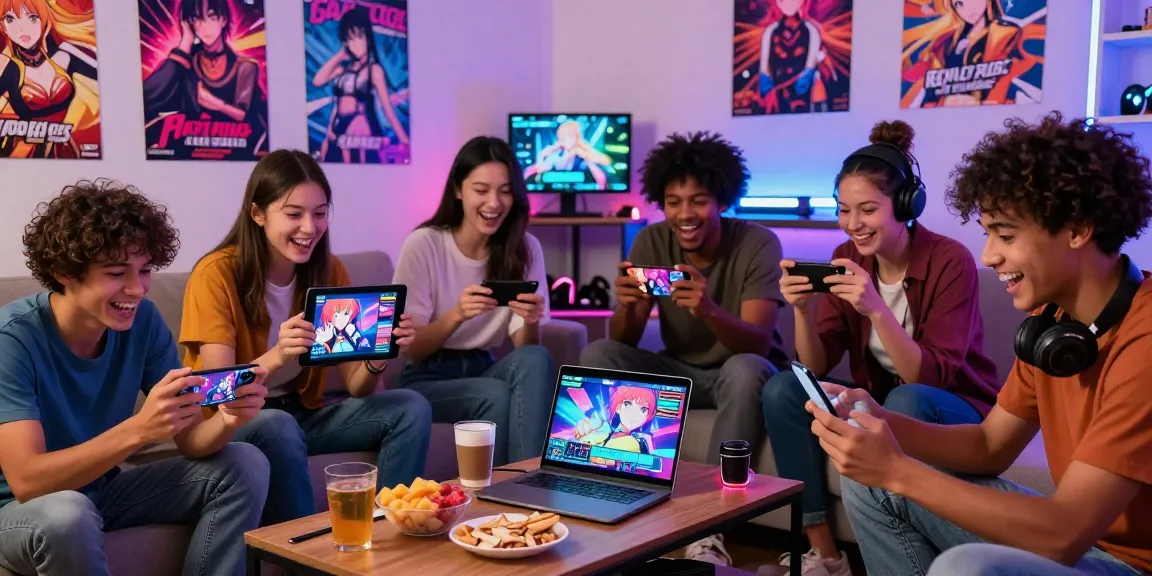 Engaged players enjoying ecchi games in a cozy living room, showcasing vibrant gaming devices and characters.
