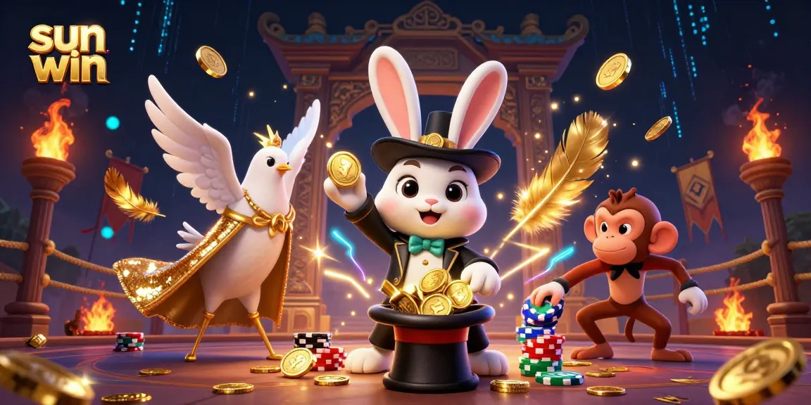 Engage in thrilling gameplay at sun win with a magician rabbit, dove, and monkey in a vibrant casino scene.